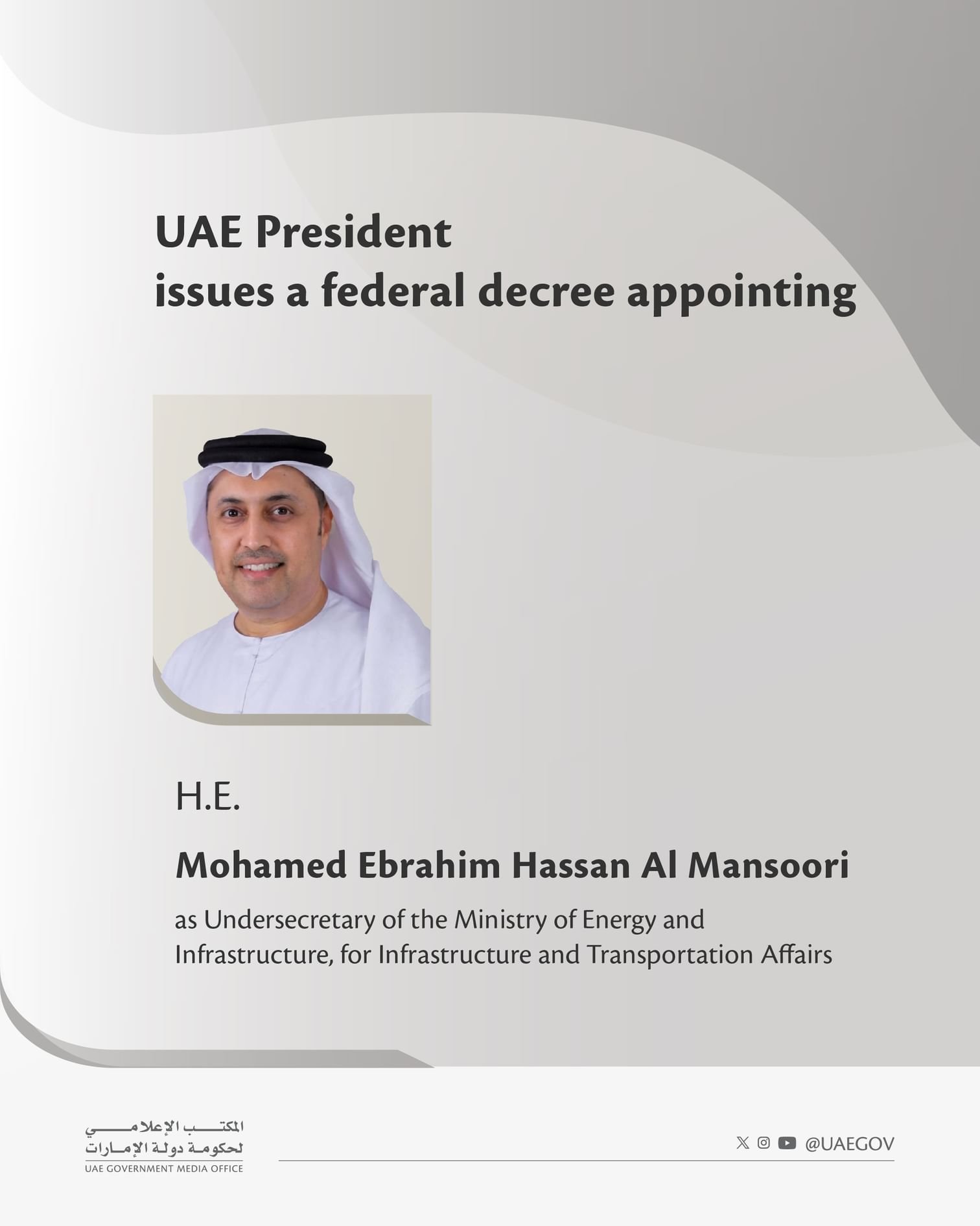 UAE President Names Mohamed Al Mansoori as Undersecretary for Infrastructure and Transport Affairs